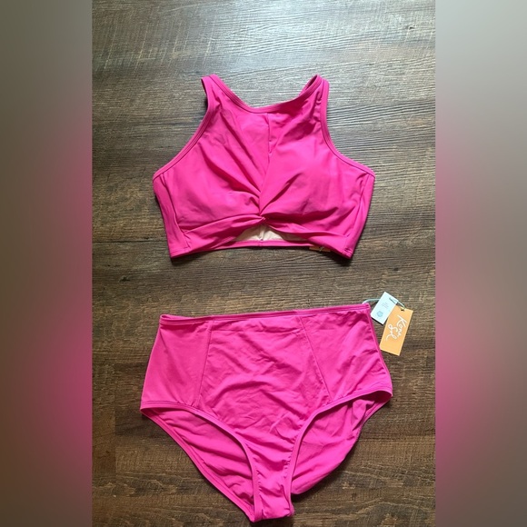 KONA SOL hot pink 2-piece swimsuit tankini high-waisted twist-knot sz L NWT swim - Picture 1 of 12